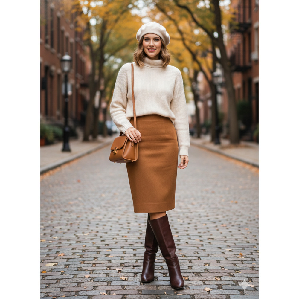 Algo of Switzerland Cashmere pencil Skirt Camel designer old money preppy Sz-S